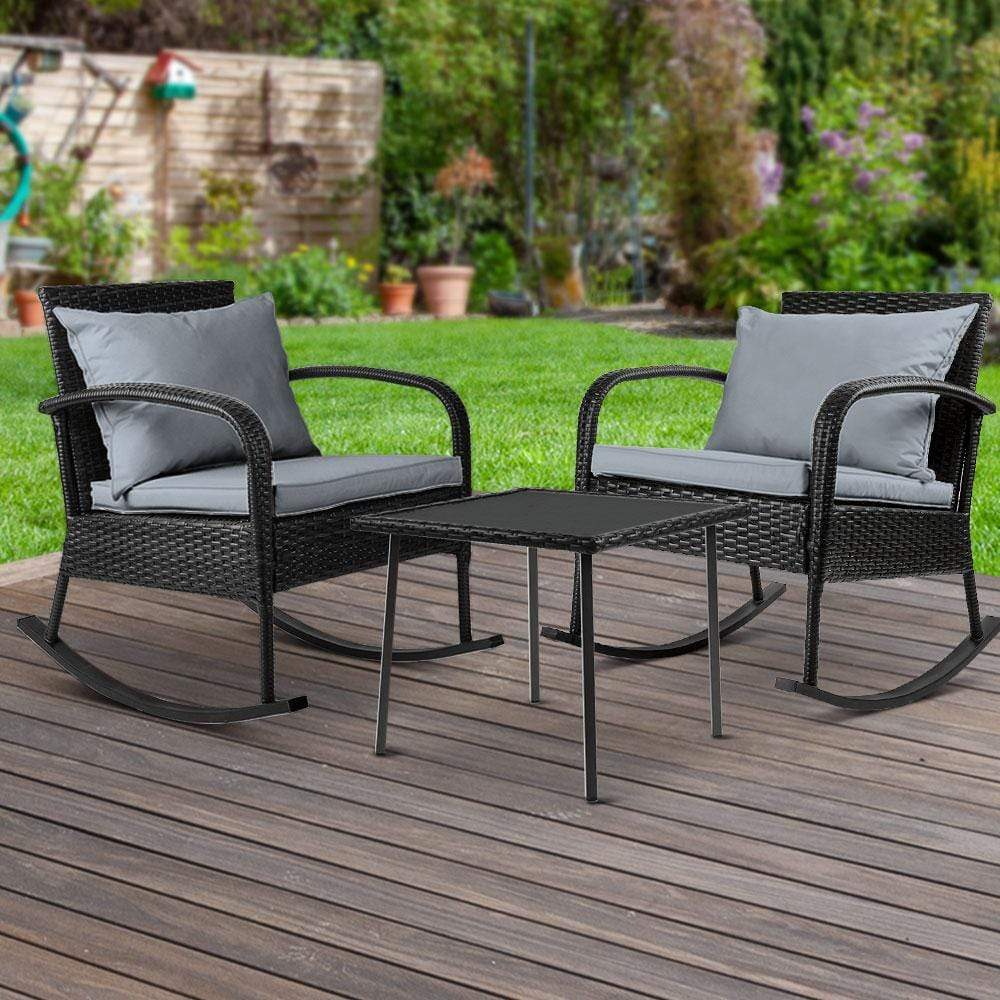 Gardeon 3 Piece Outdoor Chair Rocking Set - Black - Newstart Furniture