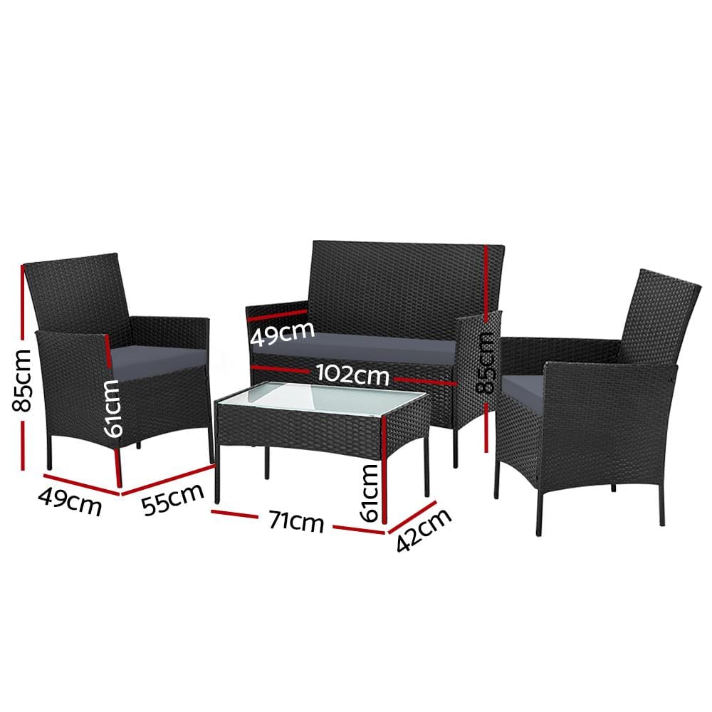 Gardeon 4-piece Outdoor Lounge Setting Wicker Patio Furniture Dining Set Black - Newstart Furniture