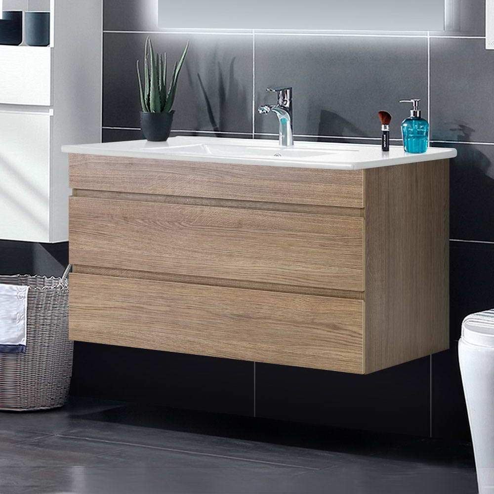 Cefito 900mm Bathroom Vanity Cabinet Wash Basin Unit Sink Storage Wall Mounted Oak White - Newstart Furniture