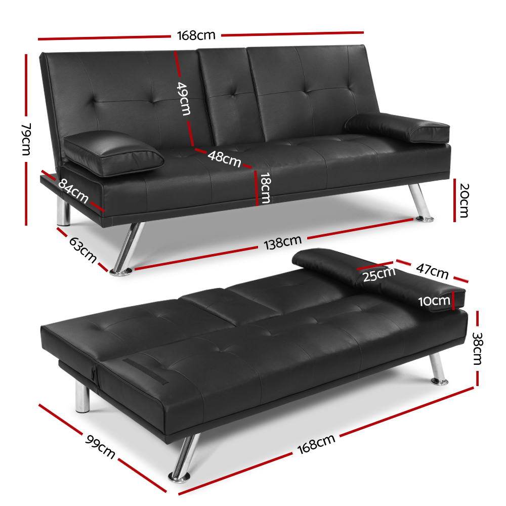 Artiss Sofa Bed Lounge Futon Couch 3 Seater Leather Cup Holder Recliner - Newstart Furniture