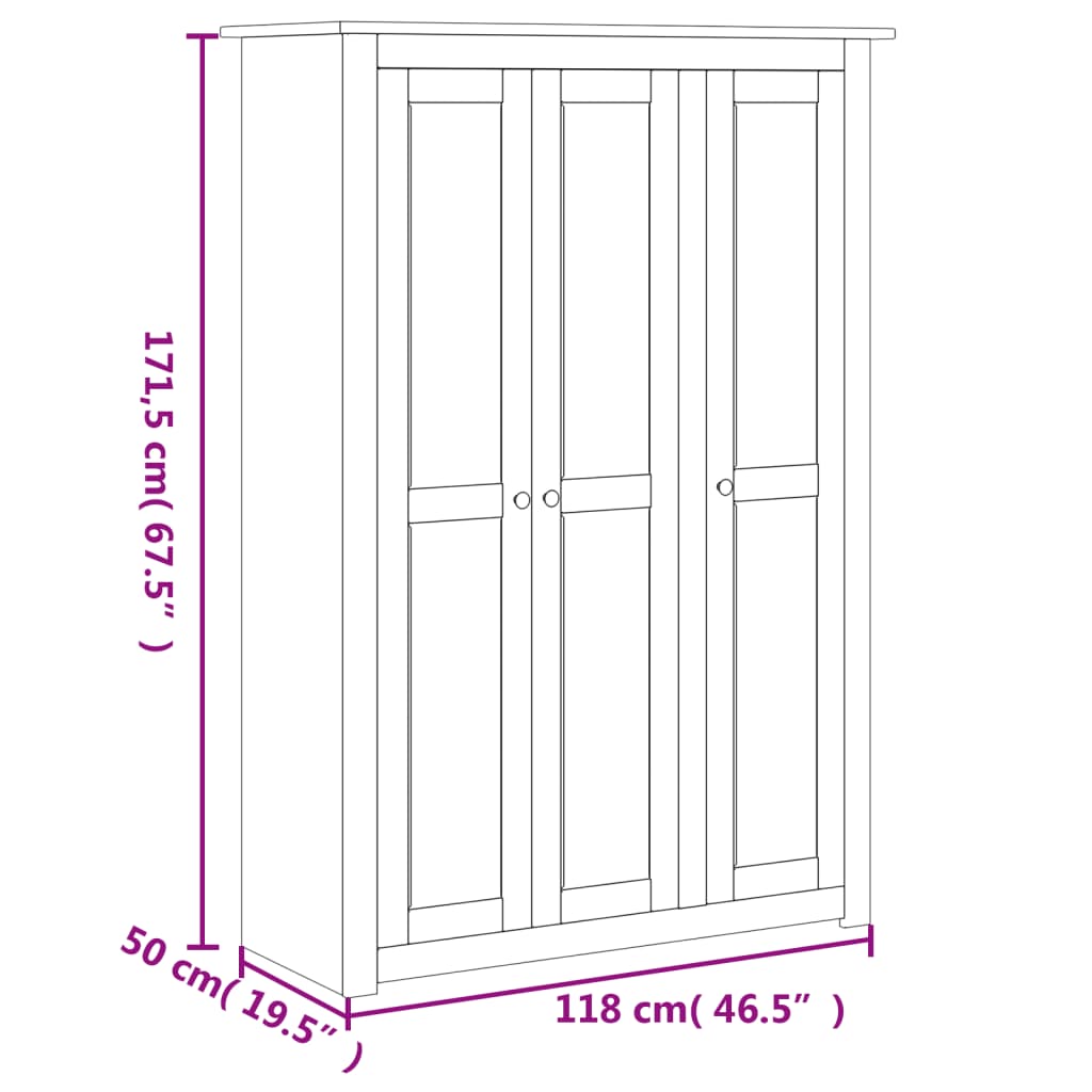 3-Door Wardrobe White 118x50x171.5 cm Pine Panama Range - Newstart Furniture