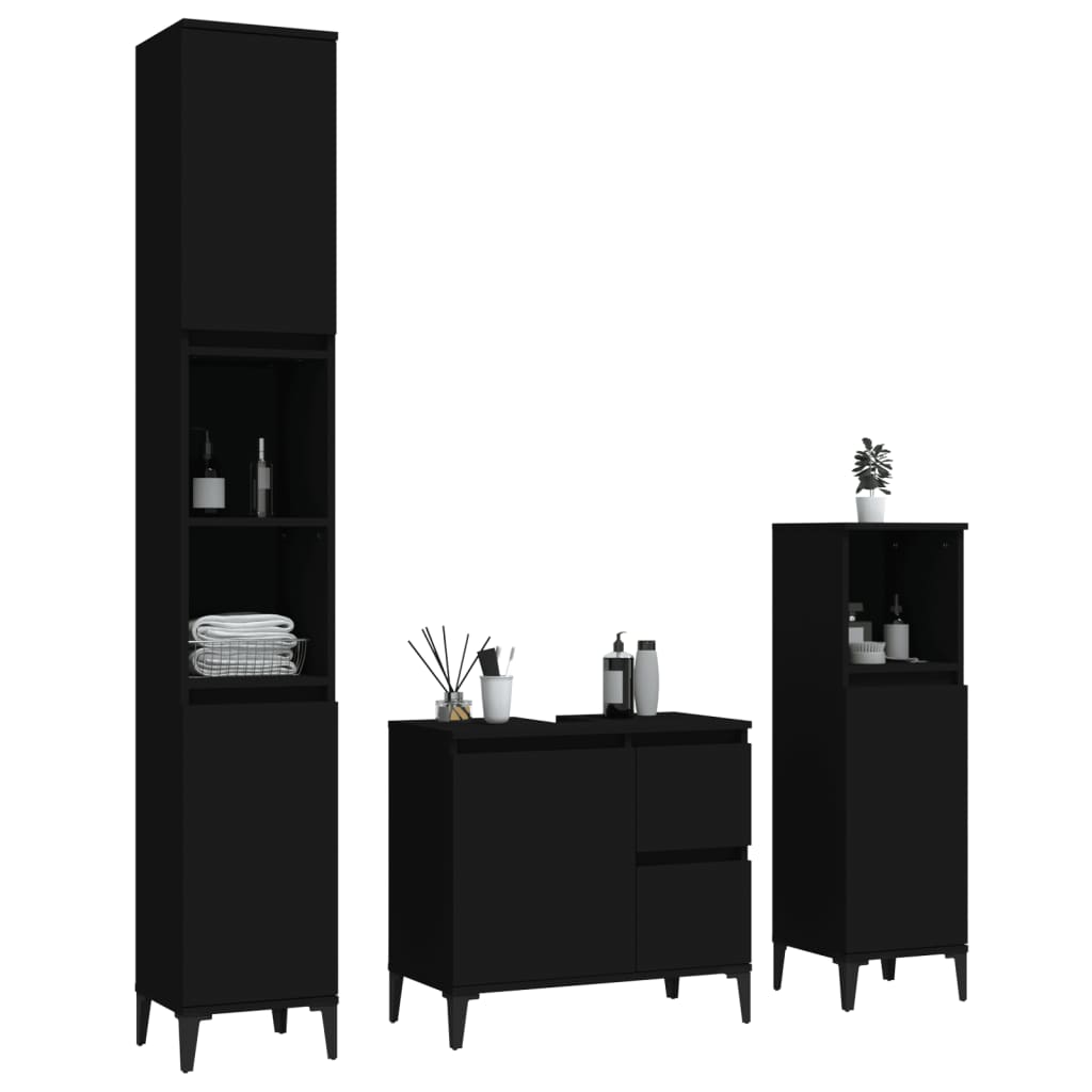 3 Piece Bathroom Cabinet Set Black Engineered Wood - Newstart Furniture