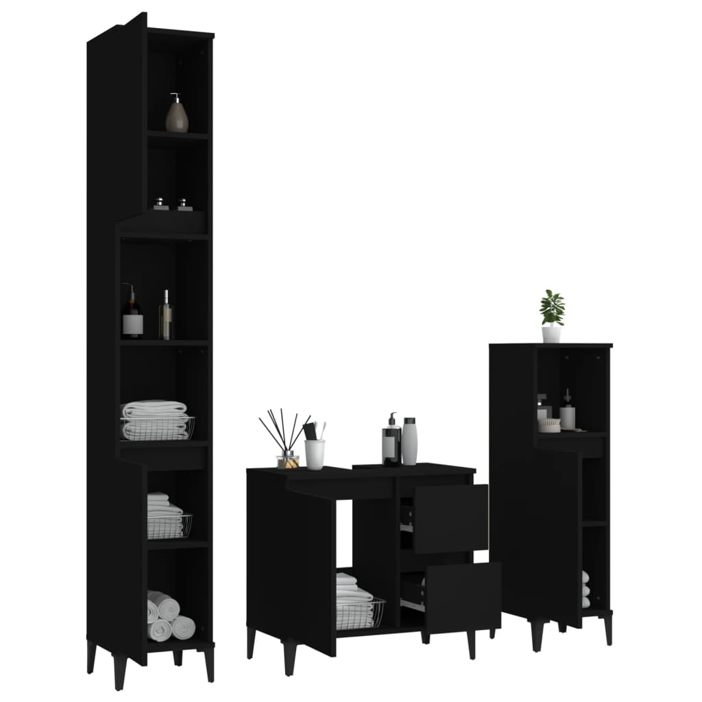 3 Piece Bathroom Cabinet Set Black Engineered Wood - Newstart Furniture