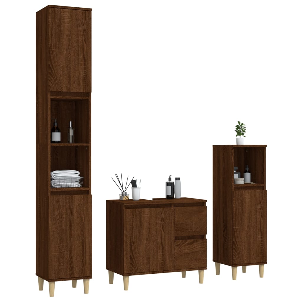 3 Piece Bathroom Cabinet Set Brown Oak Engineered Wood - Newstart Furniture