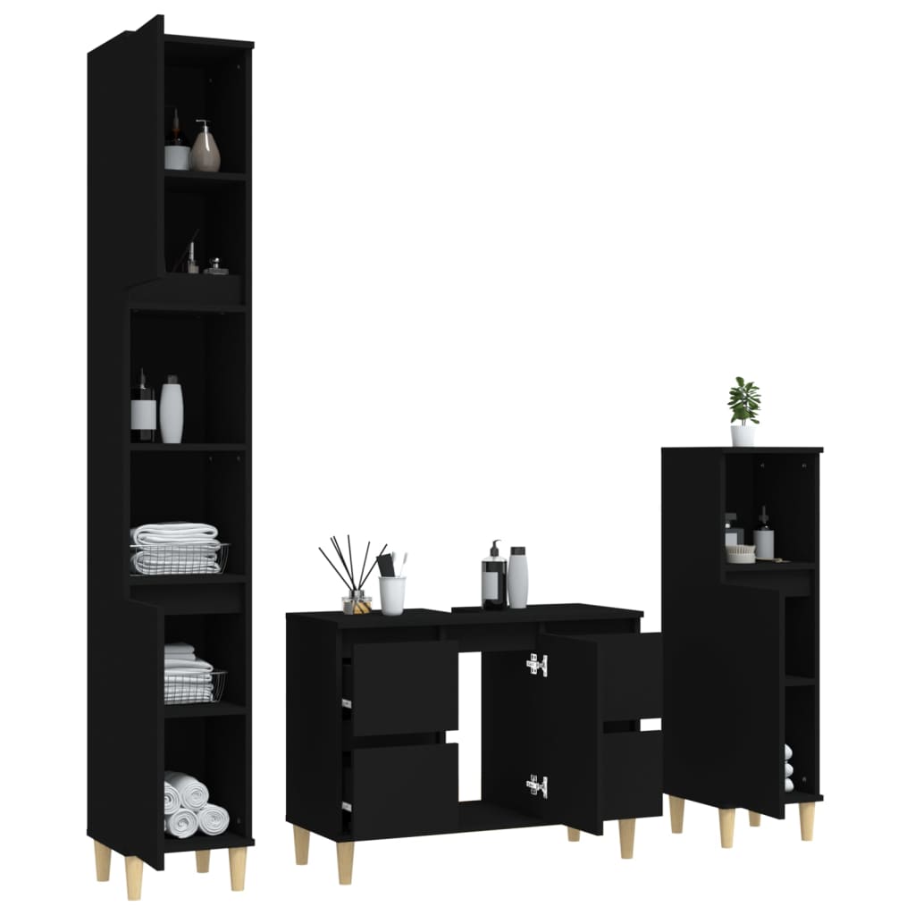3 Piece Bathroom Furniture Set Black Engineered Wood - Newstart Furniture