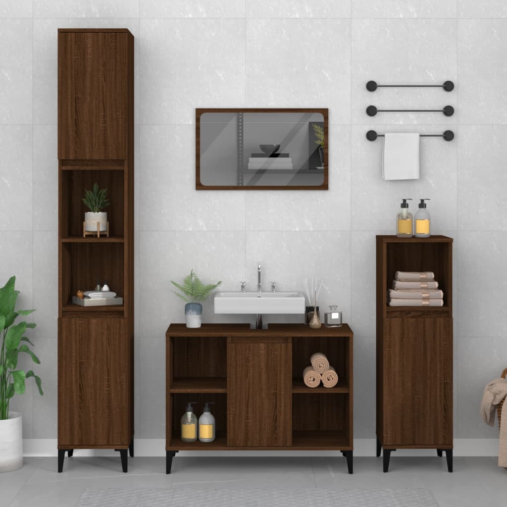 3 Piece Bathroom Furniture Set Brown Oak Engineered Wood - Newstart Furniture