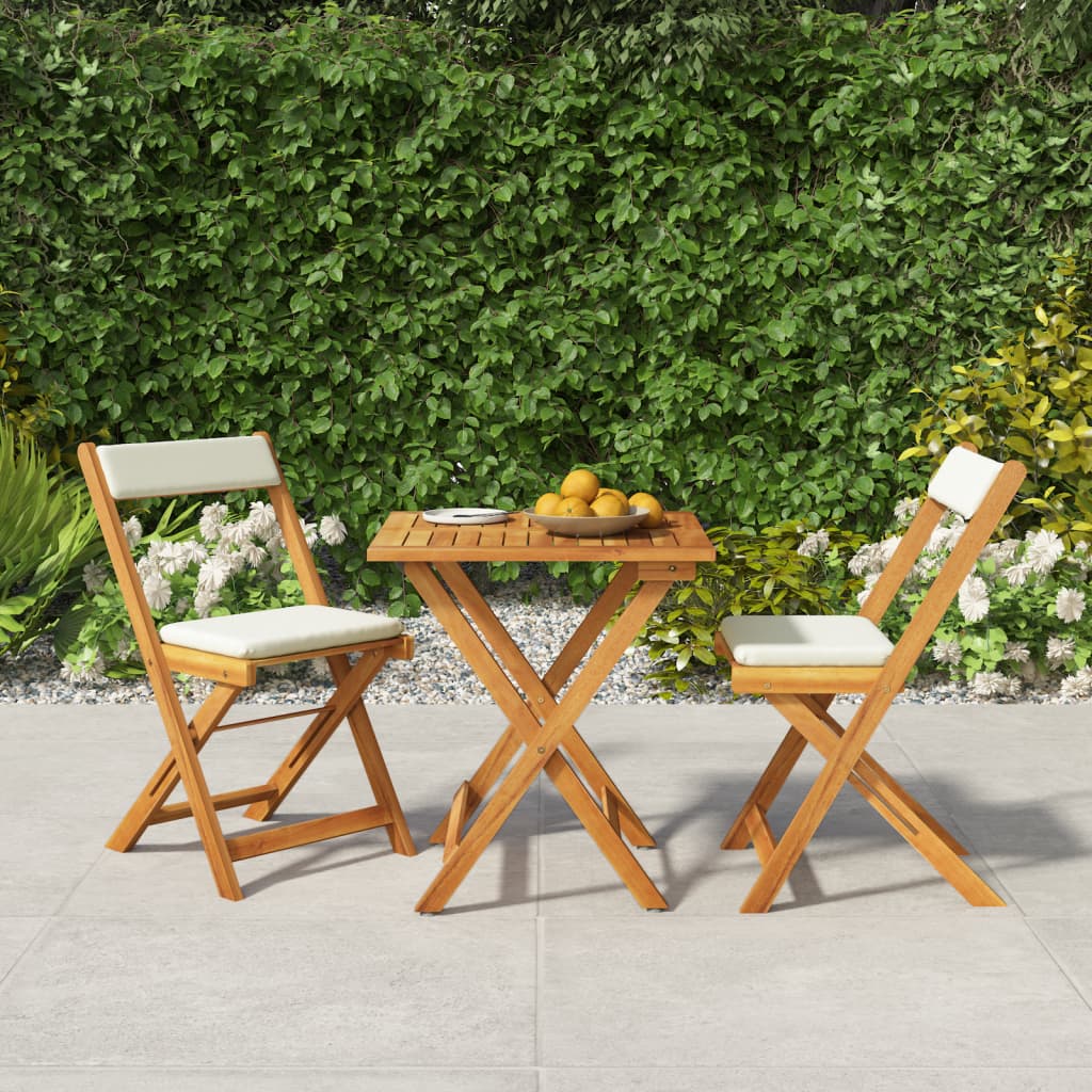 3 Piece Folding Bistro Set with Cushions Solid Wood Acacia - Newstart Furniture