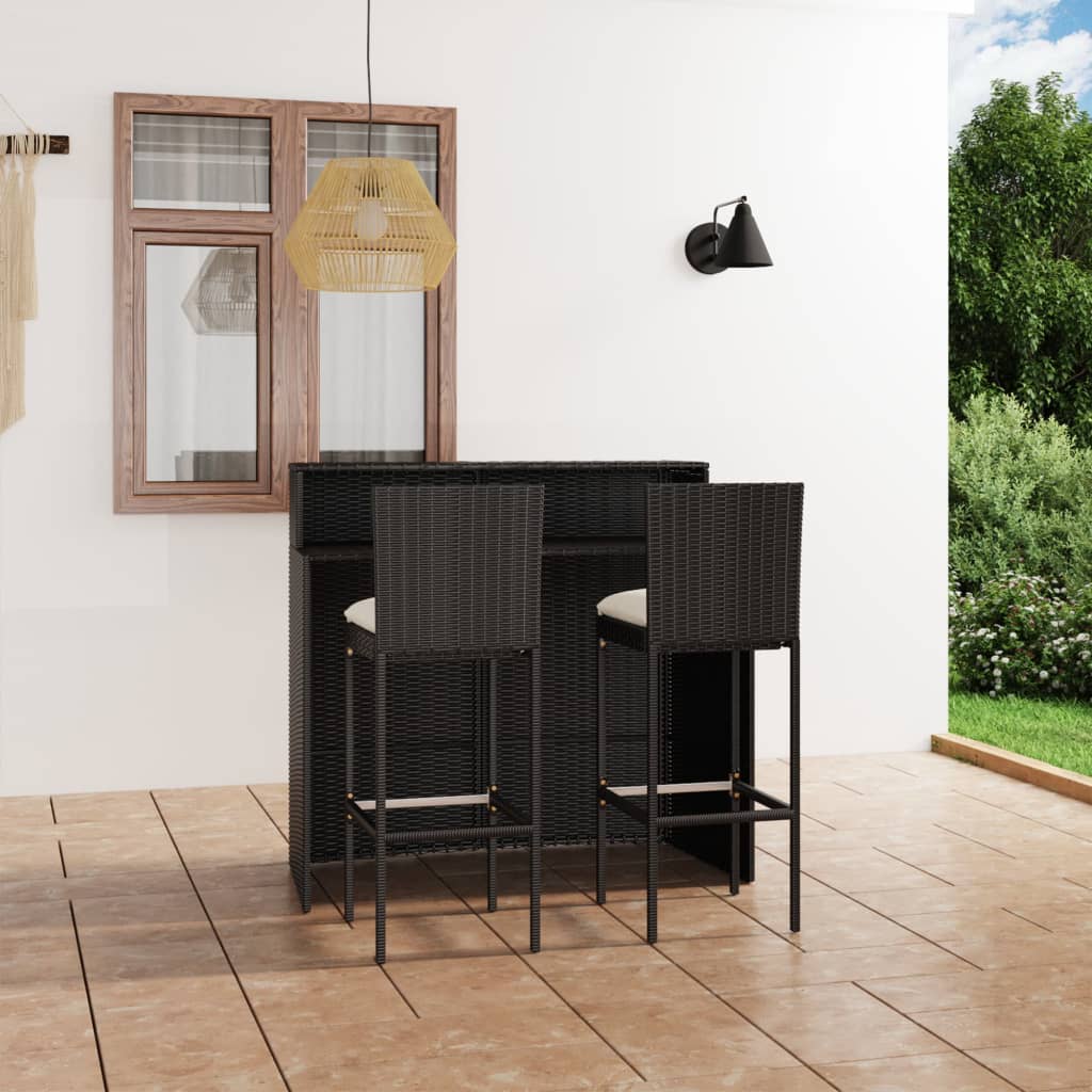 3 Piece Garden Bar Set with Cushions Black - Newstart Furniture