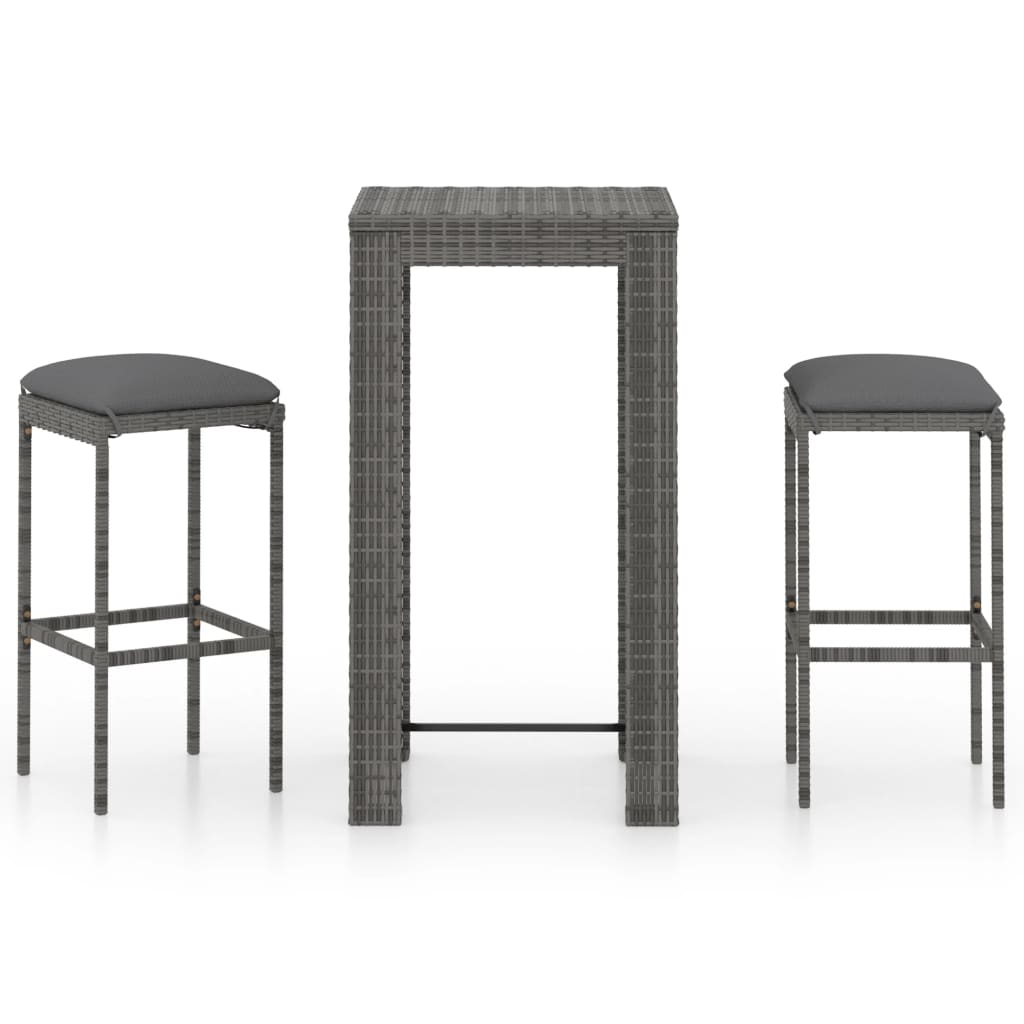 3 Piece Garden Bar Set with Cushions Poly Rattan Grey - Newstart Furniture