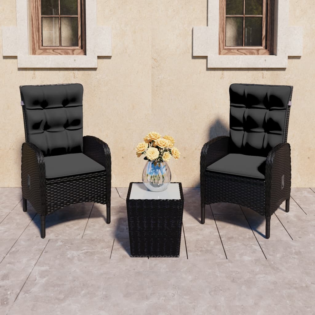 3 Piece Garden Bistro Set Poly Rattan and Glass Black - Newstart Furniture