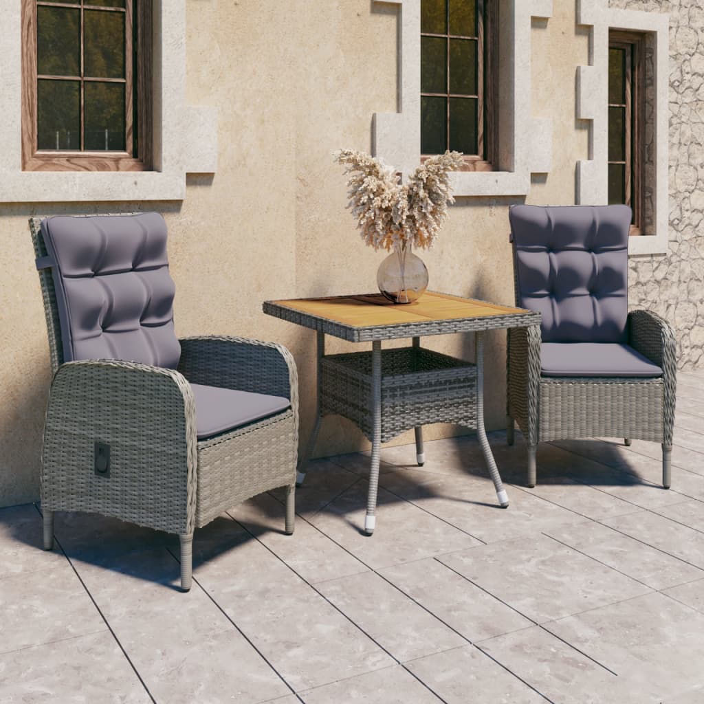 3 Piece Garden Dining Set Poly Rattan and Acacia Wood Grey - Newstart Furniture