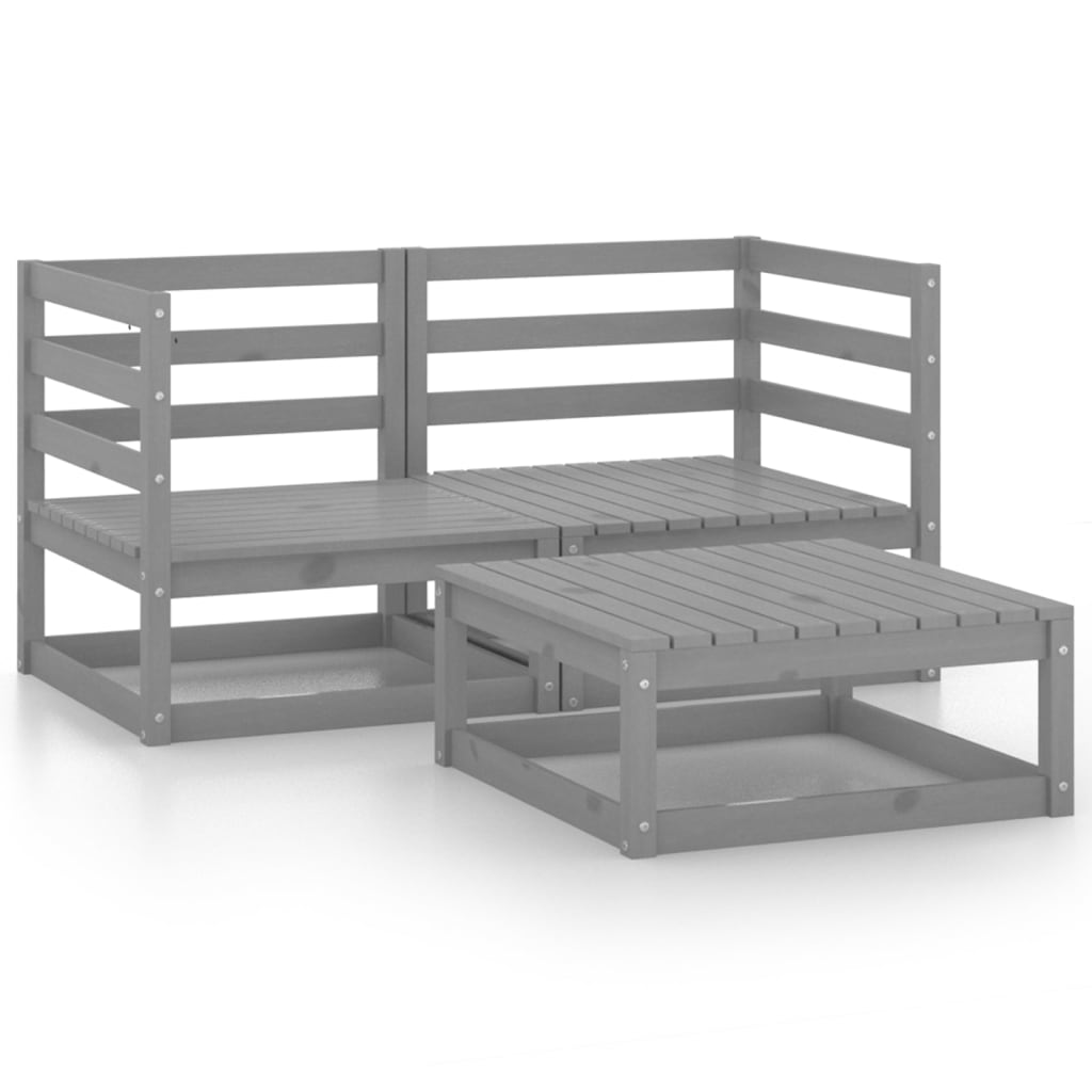 3 Piece Garden Lounge Set Grey Solid Pinewood - Newstart Furniture