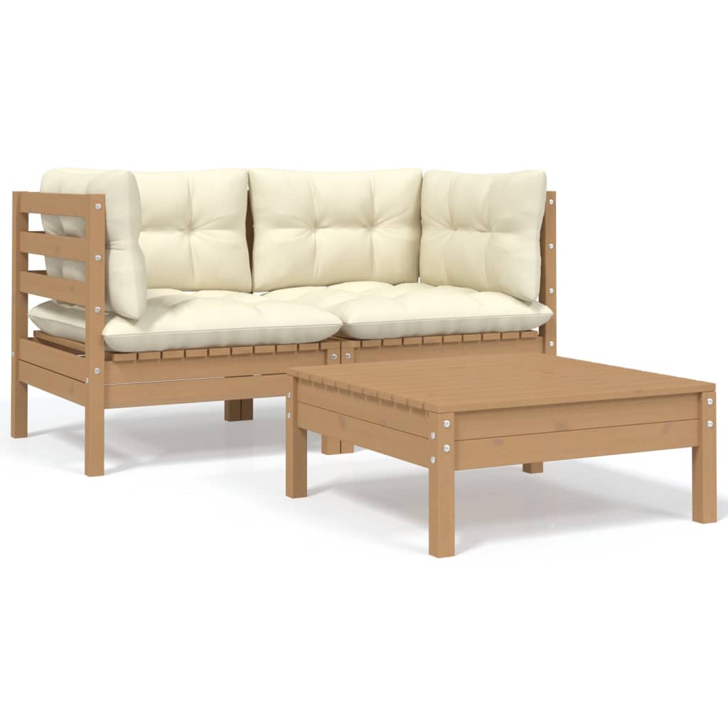 3 Piece Garden Lounge Set with Cream Cushions Solid Pinewood - Newstart Furniture