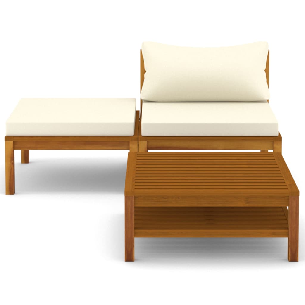 3 Piece Garden Lounge Set with Cream White Cushions Acacia Wood - Newstart Furniture