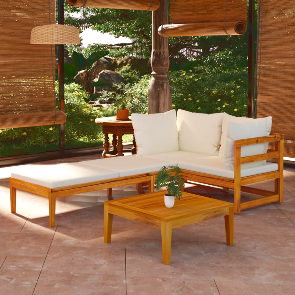 3 Piece Garden Lounge Set with Cream White Cushions Acacia Wood - Newstart Furniture