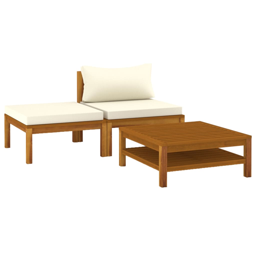 3 Piece Garden Lounge Set with Cream White Cushions Acacia Wood - Newstart Furniture