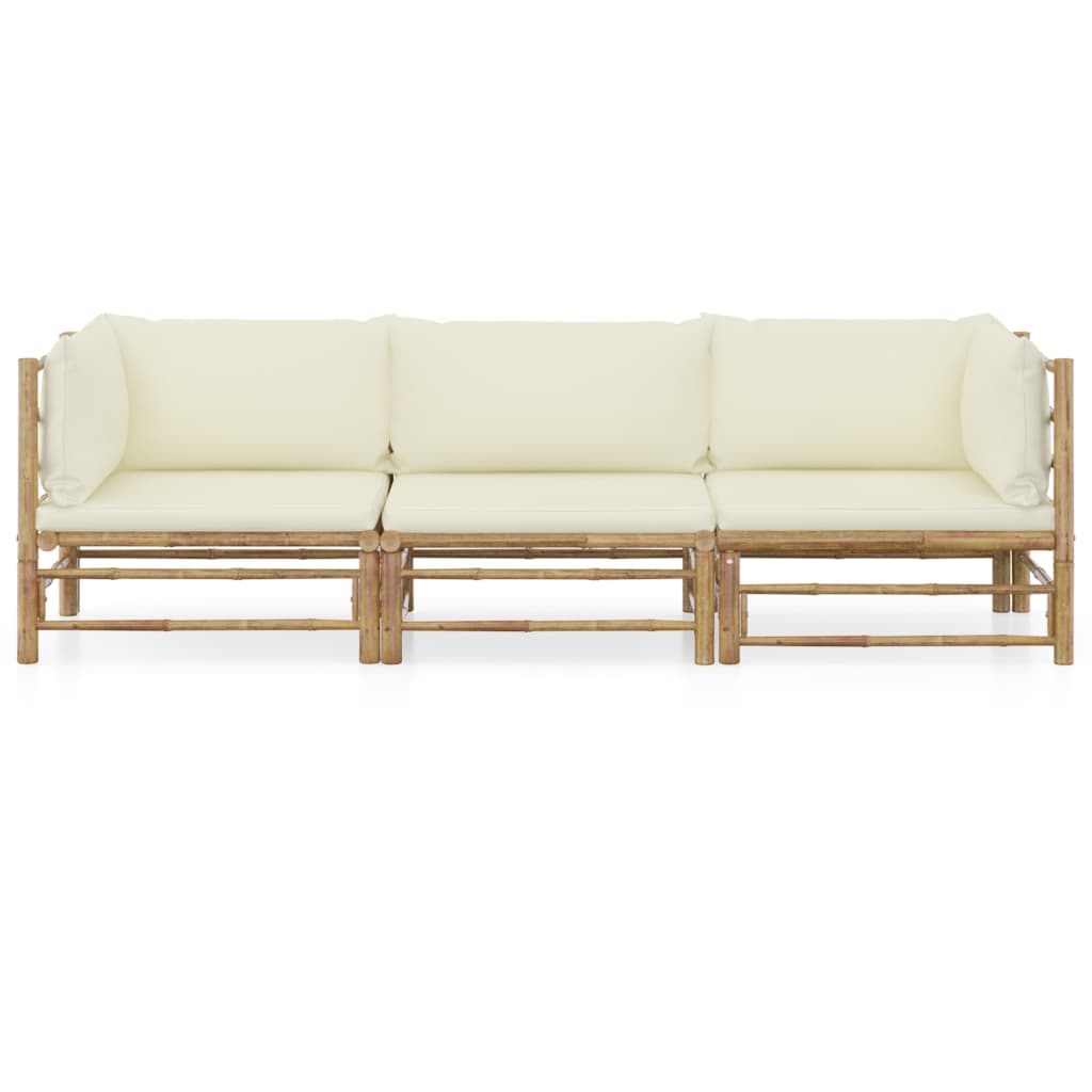 3 Piece Garden Lounge Set with Cream White Cushions Bamboo - Newstart Furniture