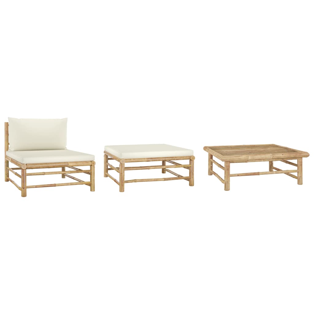 3 Piece Garden Lounge Set with Cream White Cushions Bamboo - Newstart Furniture