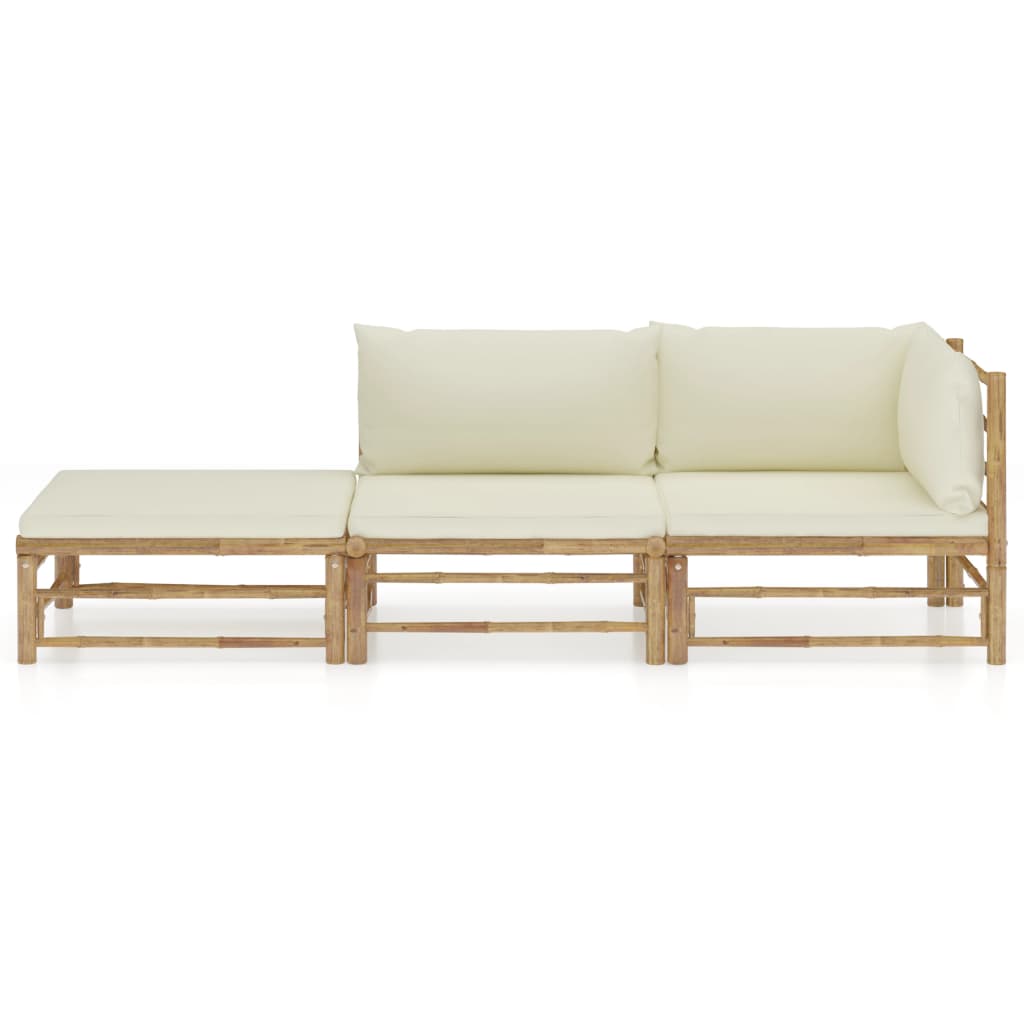 3 Piece Garden Lounge Set with Cream White Cushions Bamboo - Newstart Furniture