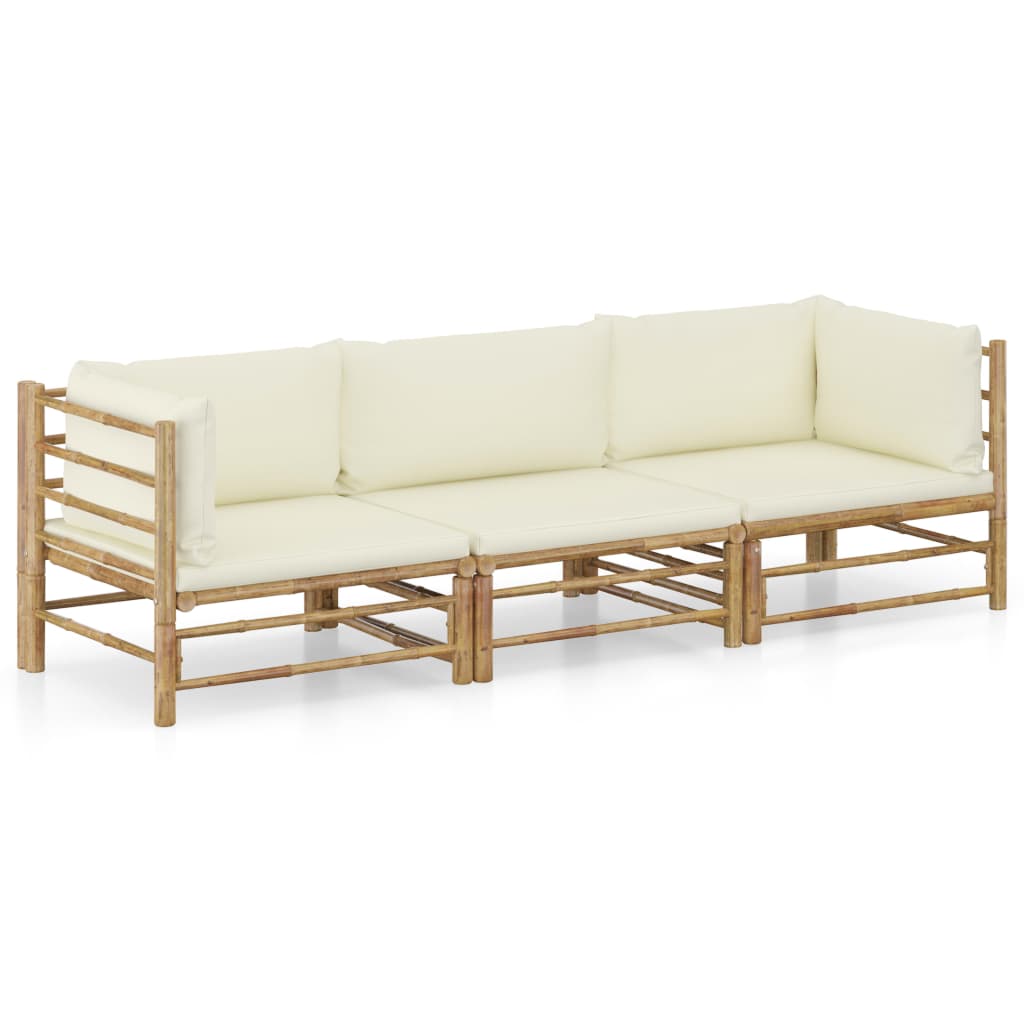 3 Piece Garden Lounge Set with Cream White Cushions Bamboo - Newstart Furniture