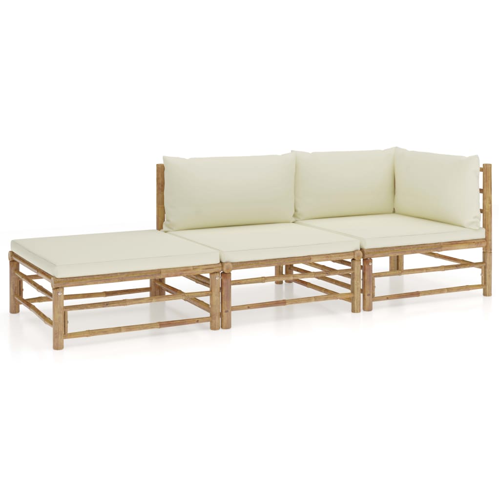 3 Piece Garden Lounge Set with Cream White Cushions Bamboo - Newstart Furniture