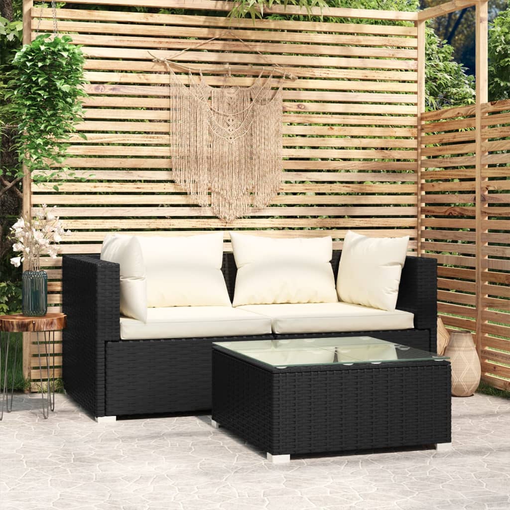 3 Piece Garden Lounge Set with Cushions Black Poly Rattan - Newstart Furniture