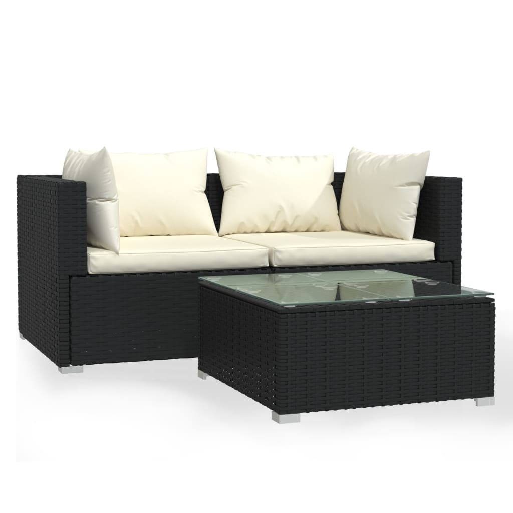 3 Piece Garden Lounge Set with Cushions Black Poly Rattan - Newstart Furniture