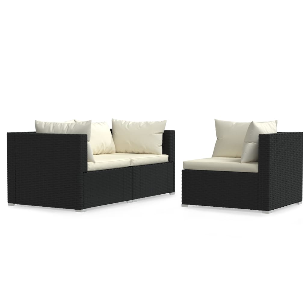 3 Piece Garden Lounge Set with Cushions Black Poly Rattan - Newstart Furniture