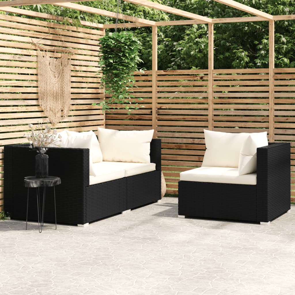 3 Piece Garden Lounge Set with Cushions Black Poly Rattan - Newstart Furniture