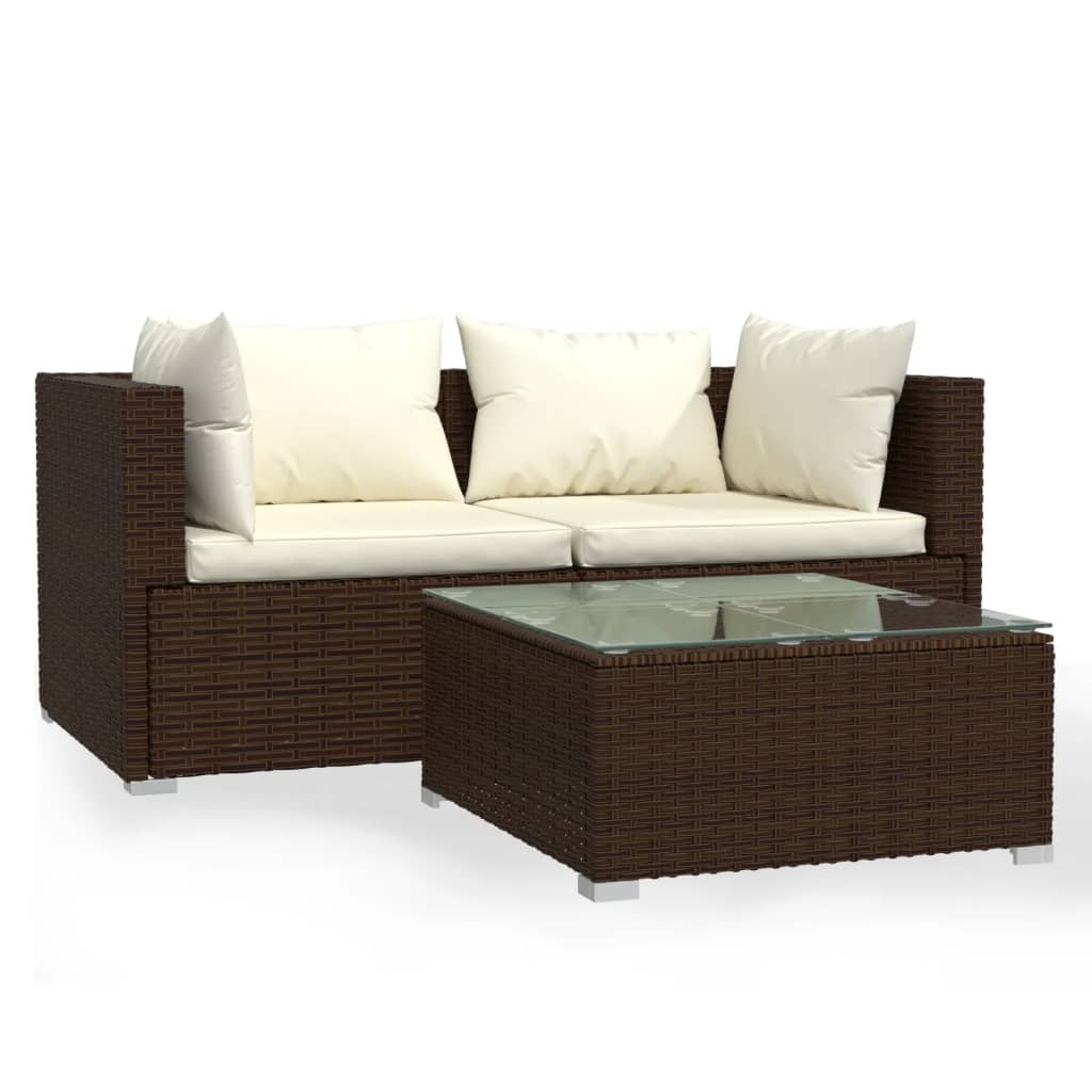 3 Piece Garden Lounge Set with Cushions Brown Poly Rattan - Newstart Furniture