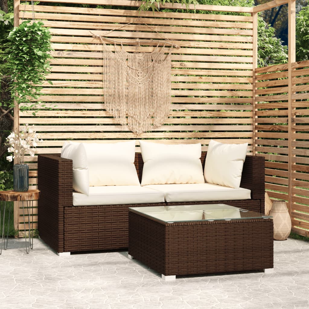 3 Piece Garden Lounge Set with Cushions Brown Poly Rattan - Newstart Furniture