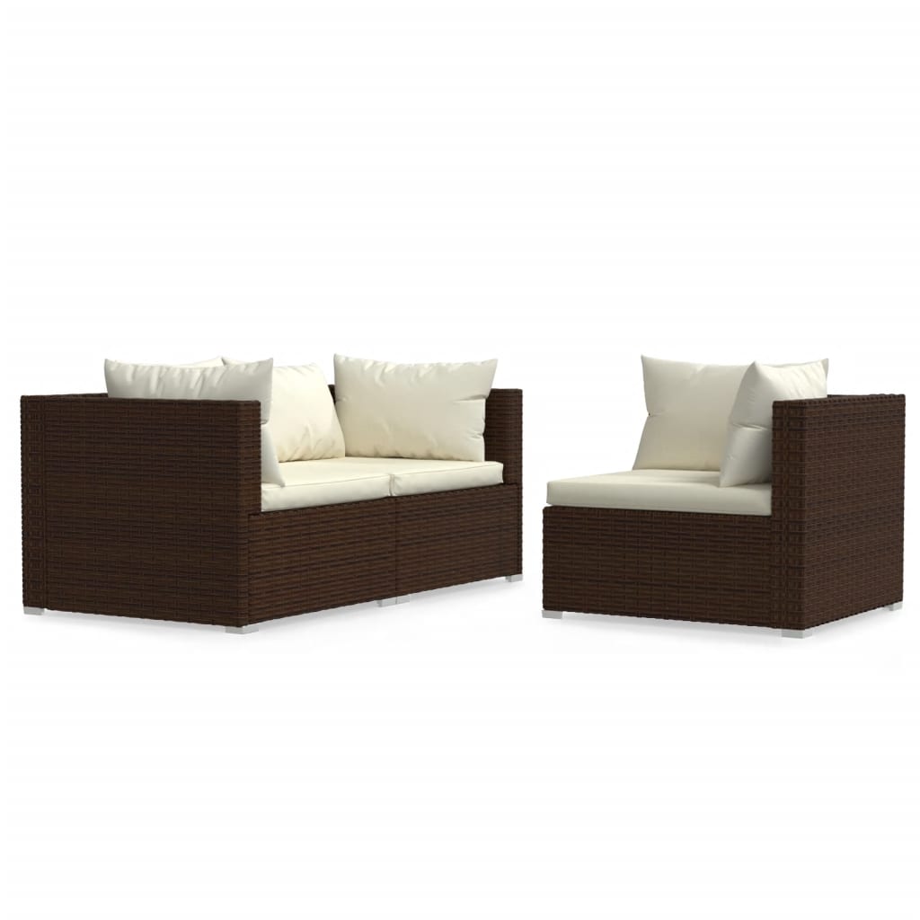 3 Piece Garden Lounge Set with Cushions Brown Poly Rattan - Newstart Furniture