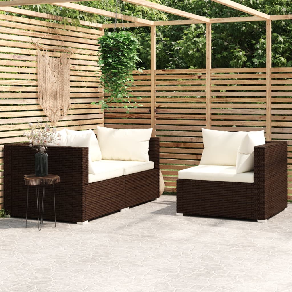 3 Piece Garden Lounge Set with Cushions Brown Poly Rattan - Newstart Furniture