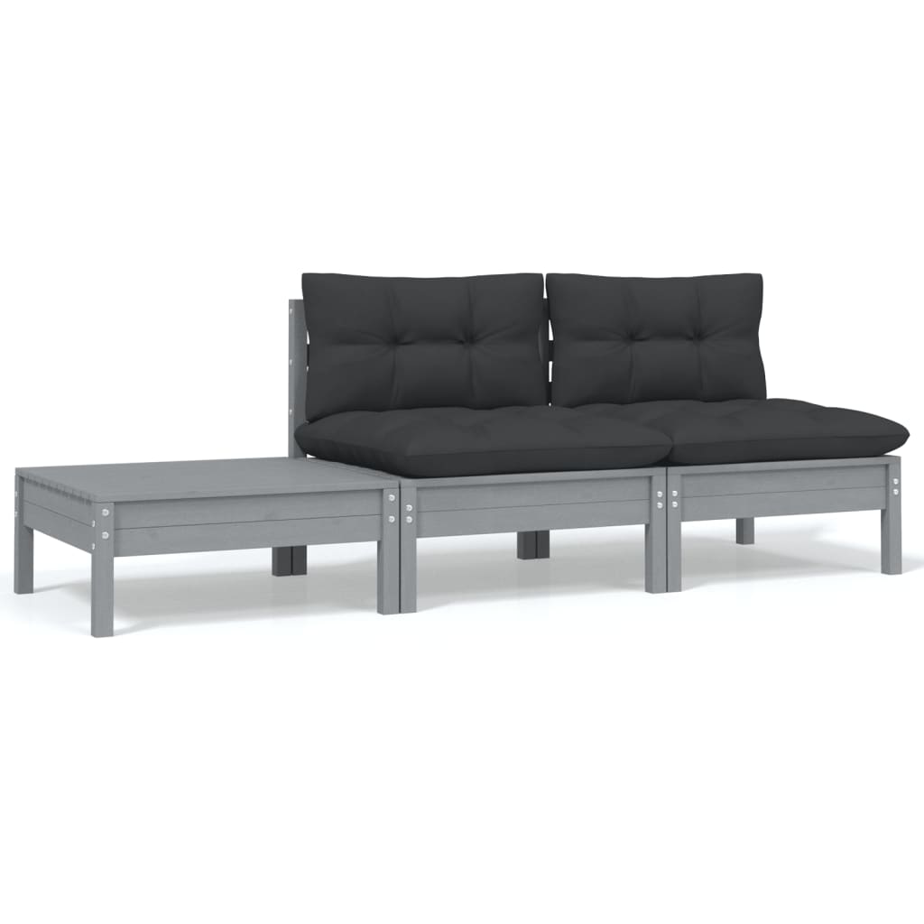 3 Piece Garden Lounge Set with Cushions Grey Solid Pinewood - Newstart Furniture