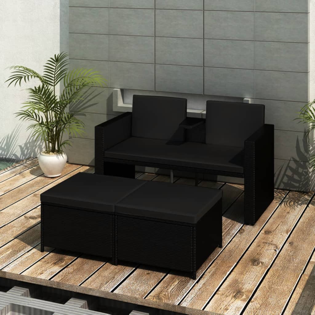 3 Piece Garden Lounge Set with Cushions Poly Rattan Black - Newstart Furniture
