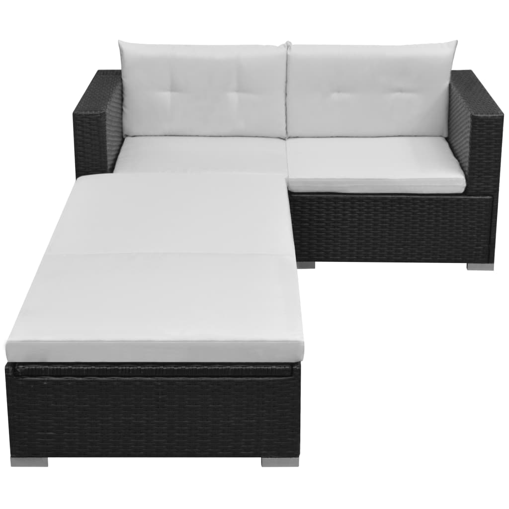 3 Piece Garden Lounge Set with Cushions Poly Rattan Black - Newstart Furniture