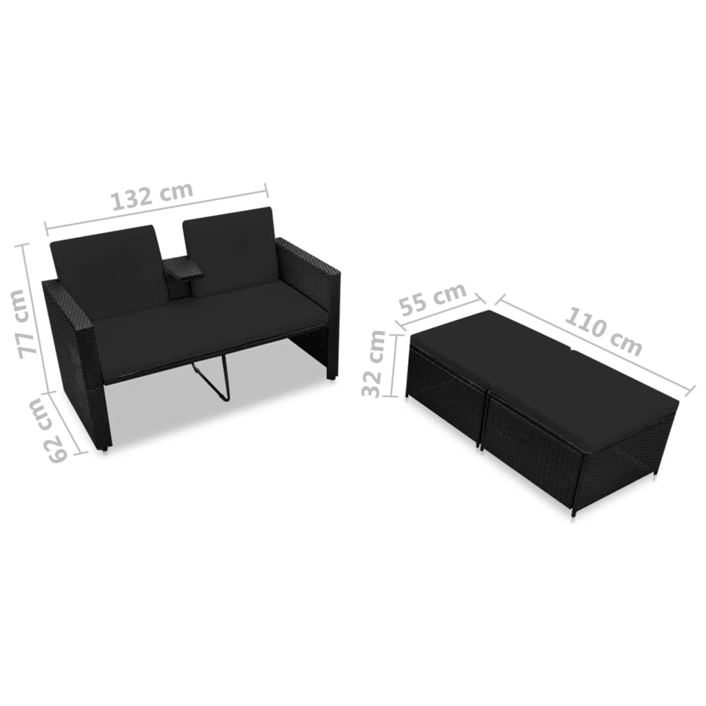 3 Piece Garden Lounge Set with Cushions Poly Rattan Black - Newstart Furniture