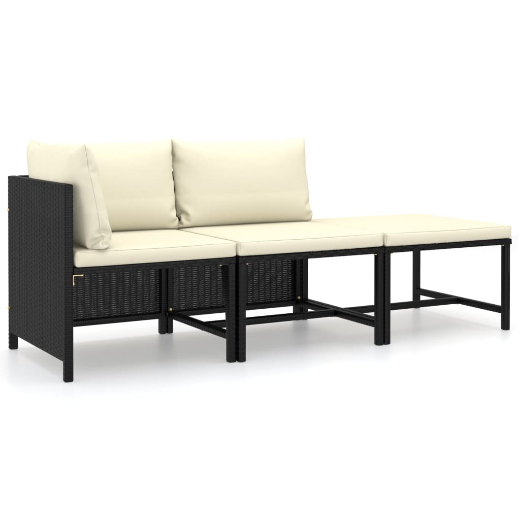 3 Piece Garden Lounge Set with Cushions Poly Rattan Black - Newstart Furniture