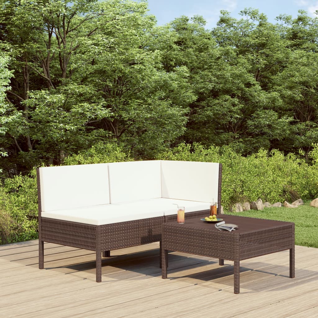 3 Piece Garden Lounge Set with Cushions Poly Rattan Brown - Newstart Furniture