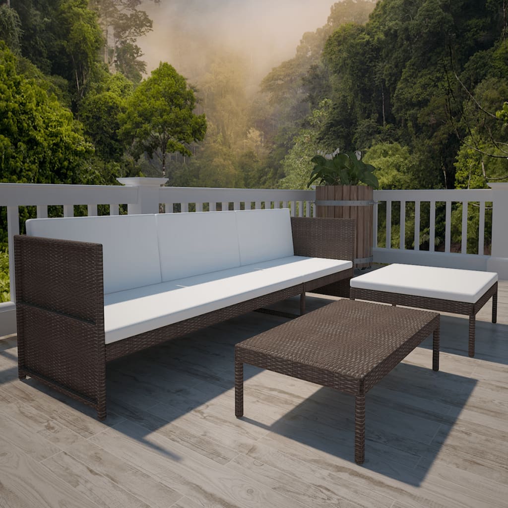 3 Piece Garden Lounge Set with Cushions Poly Rattan Brown - Newstart Furniture