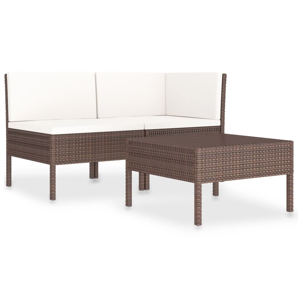 3 Piece Garden Lounge Set with Cushions Poly Rattan Brown - Newstart Furniture