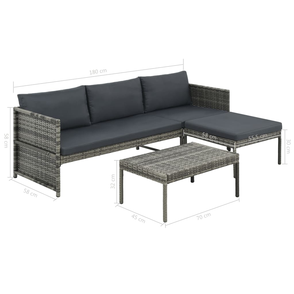 3 Piece Garden Lounge Set with Cushions Poly Rattan Grey - Newstart Furniture