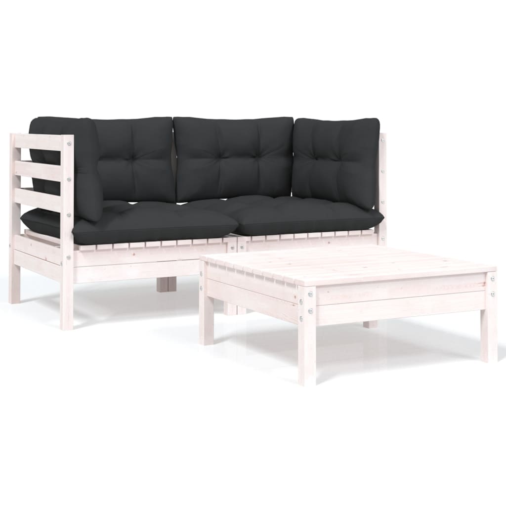 3 Piece Garden Lounge Set with Cushions White Solid Pinewood - Newstart Furniture