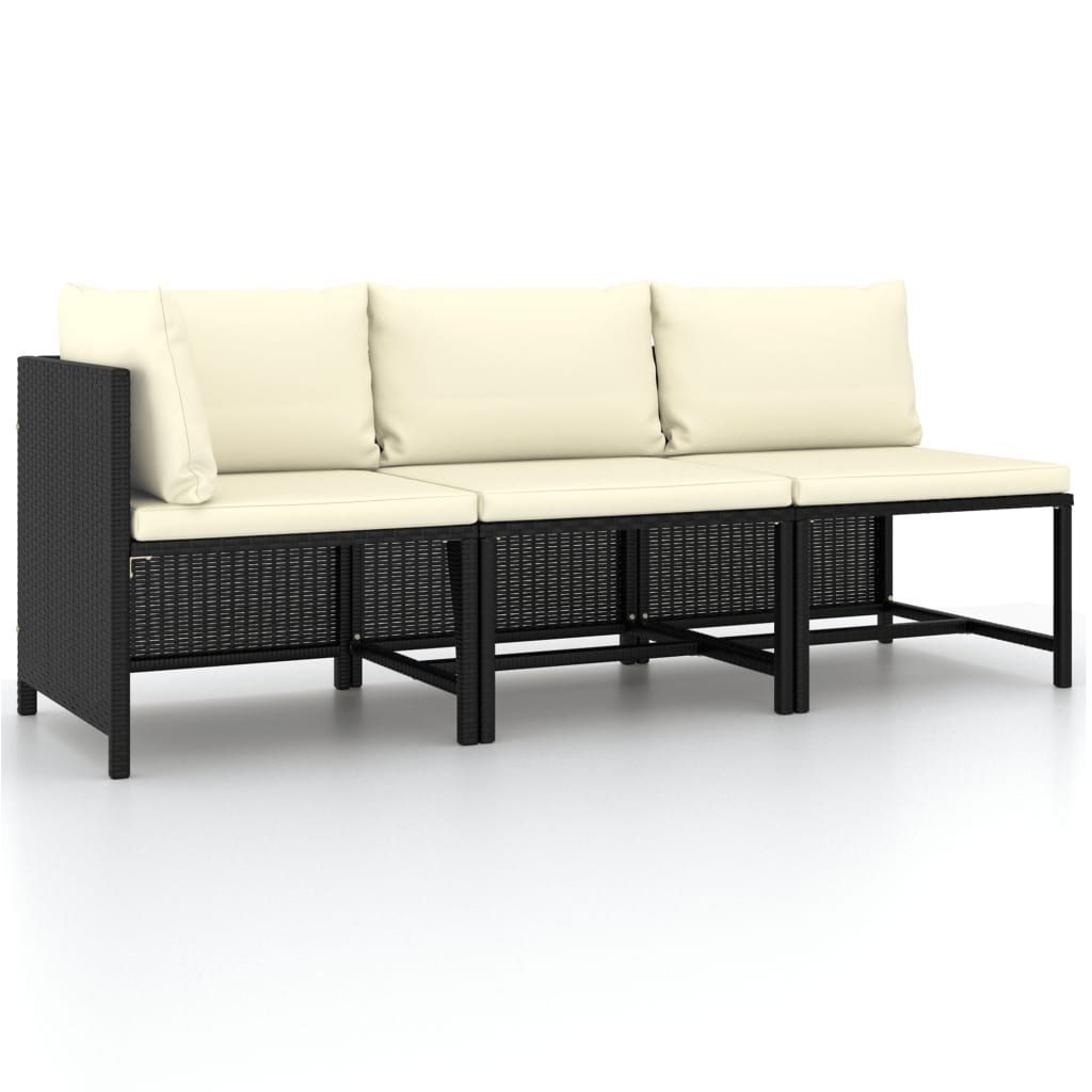 3 Piece Garden Sofa Set with Cushions Black Poly Rattan - Newstart Furniture