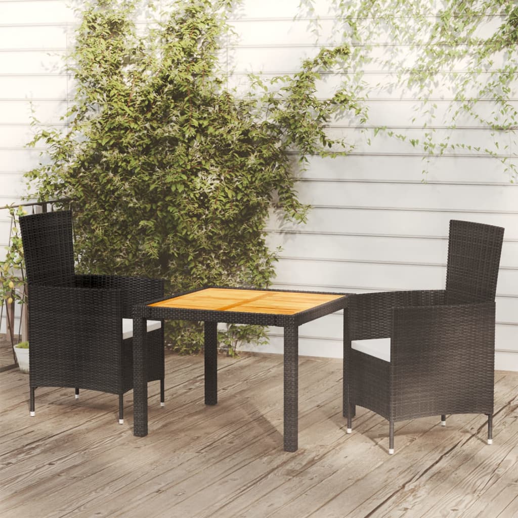 3 Piece Outdoor Dining Set with Cushions Poly Rattan Black - Newstart Furniture