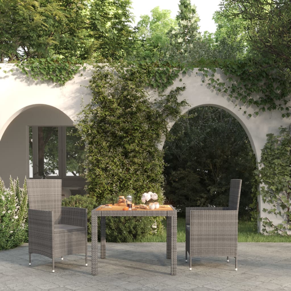 3 Piece Outdoor Dining Set with Cushions Poly Rattan Grey - Newstart Furniture