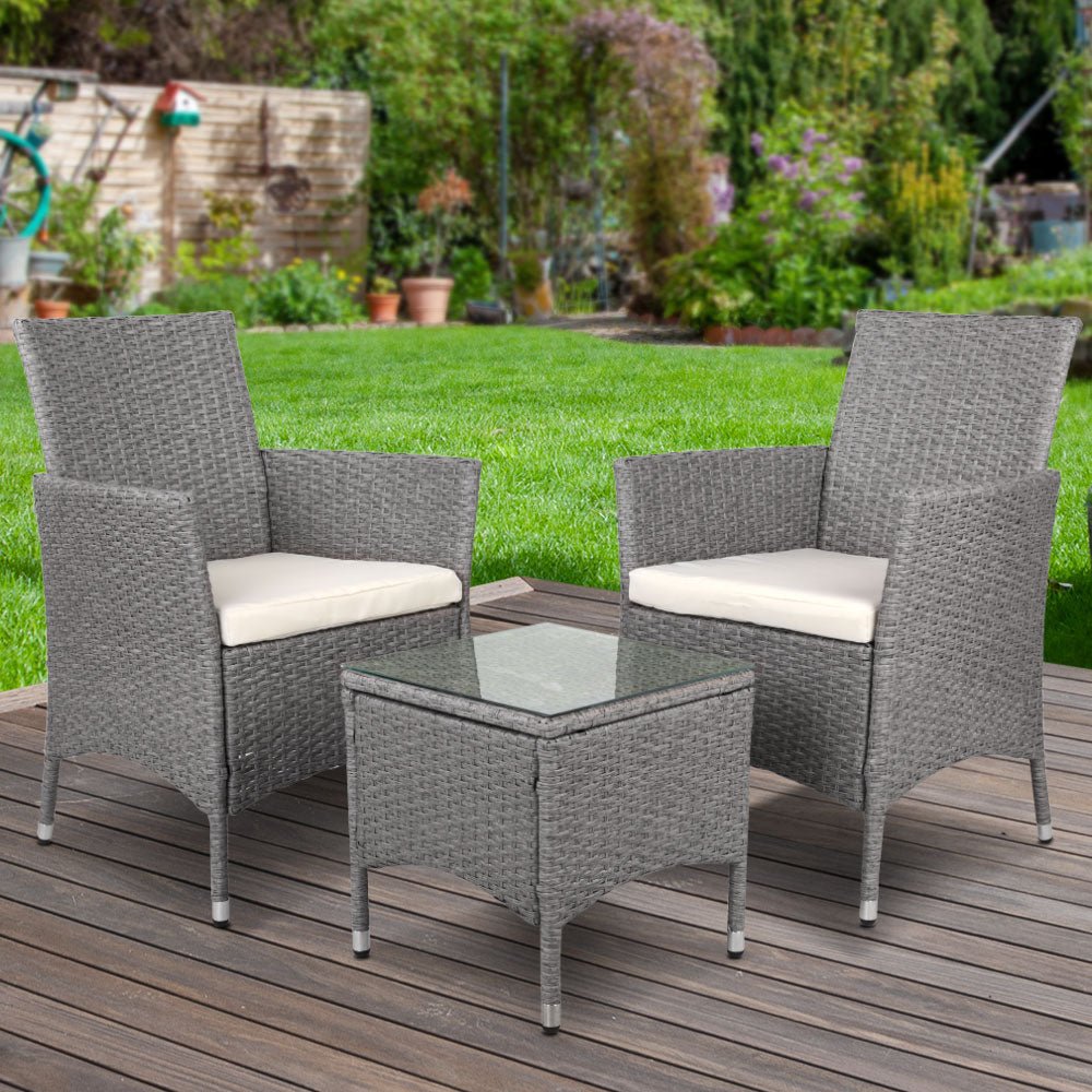 3 Piece Wicker Outdoor Chair Side Table Furniture Set Grey - Newstart Furniture