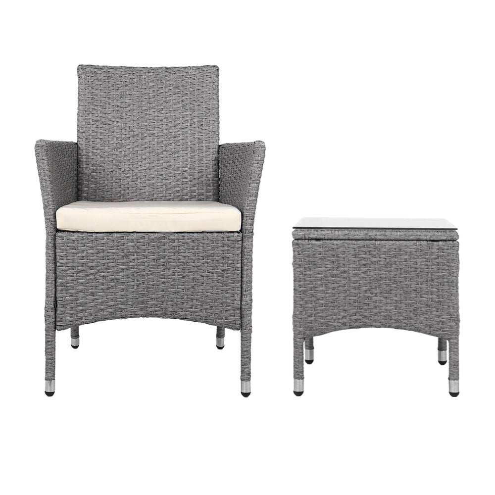 3 Piece Wicker Outdoor Chair Side Table Furniture Set Grey - Newstart Furniture