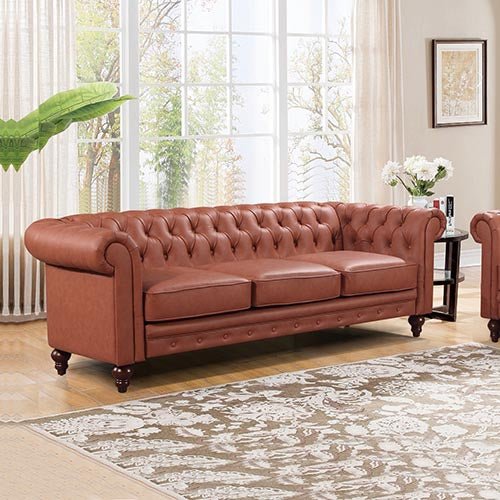 3 Seater Brown Sofa Lounge Chesterfireld Style Button Tufted in Faux Leather - Newstart Furniture