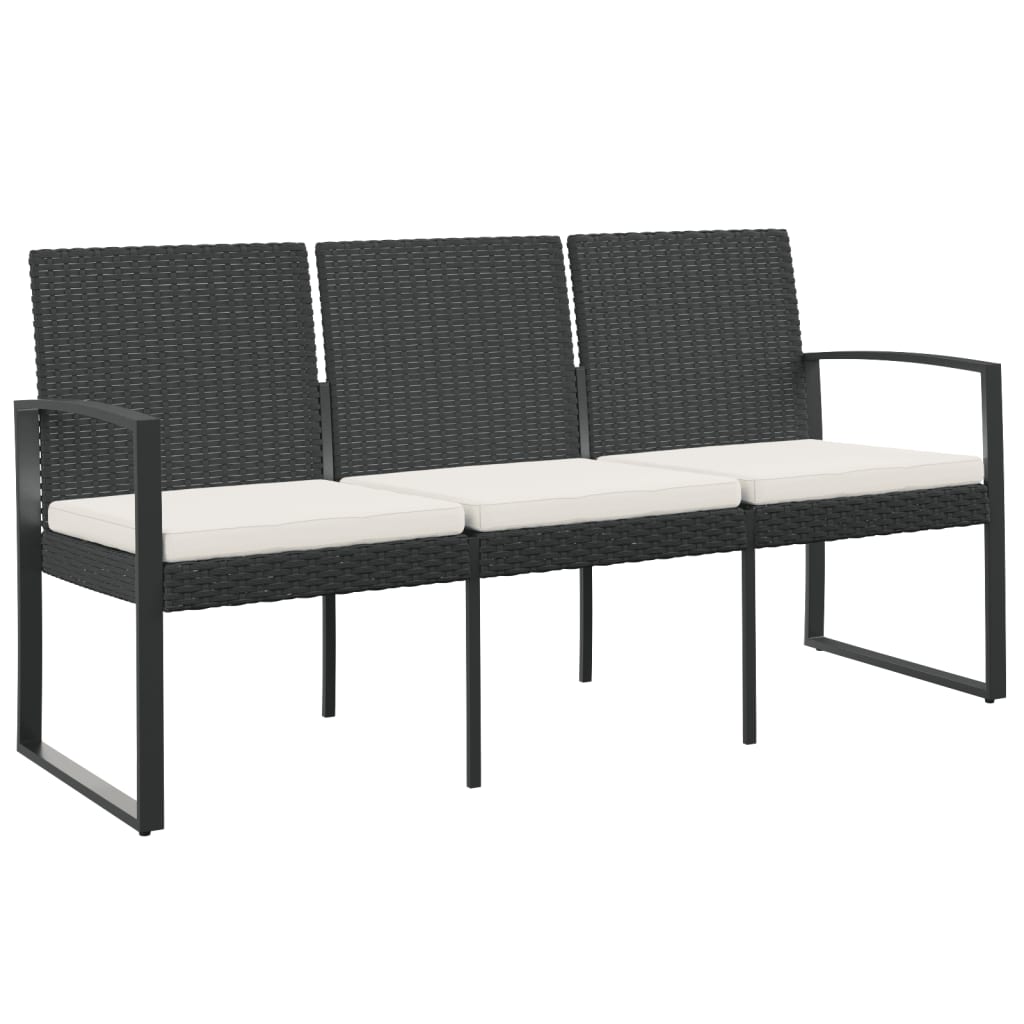 3-Seater Garden Bench with Cushions Black PP Rattan - Newstart Furniture